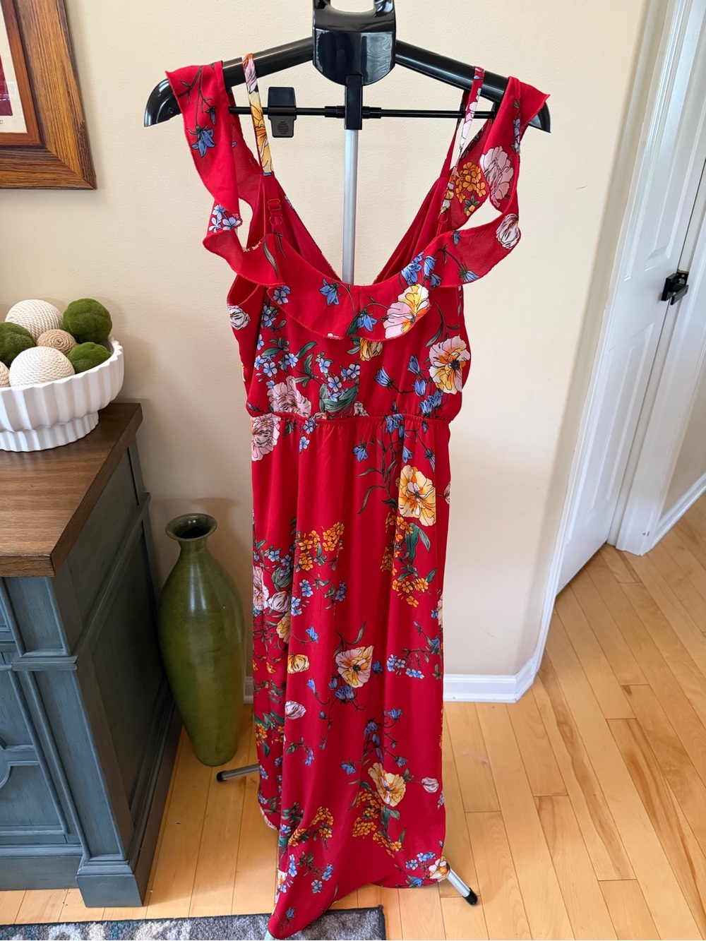 Women’s Small Red Floral Maxi Dress Ruffle Faux Wrap Boho Cottagecore - Picture 5 of 5